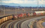 CP 8793/8066/KCS 4703/CN 3859/CP 7023/8101 pulling 11,740ft stack train to a slow entering Roberts Bank, passing an outbound empty BNSF coal train.